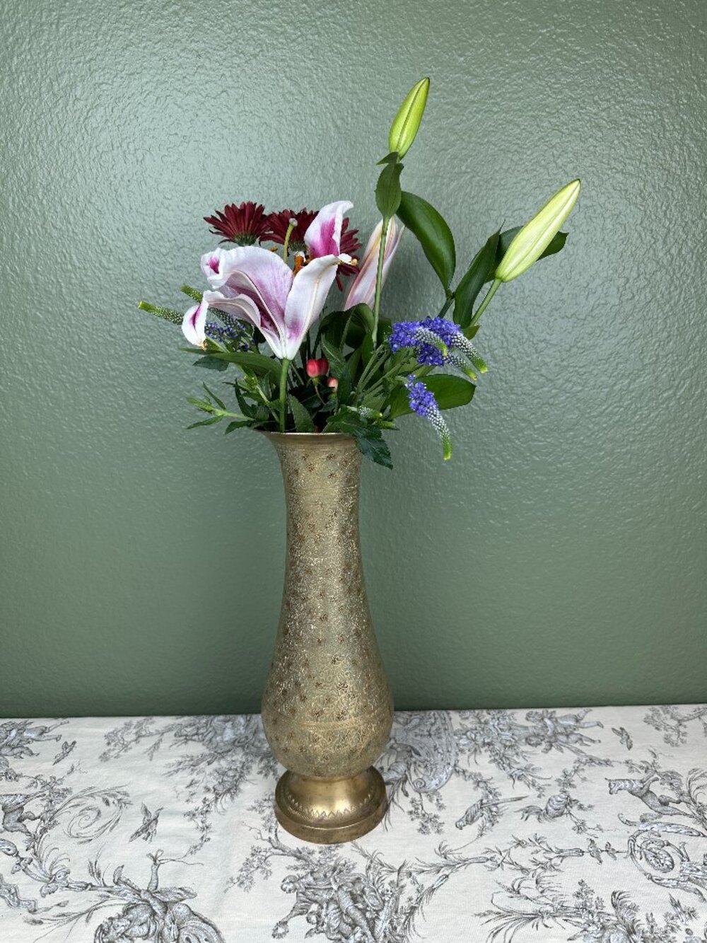Vintage Tall 14" Etched Brass Floral Foliage Leaves Vase MCM Boho